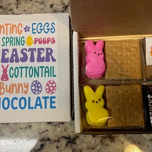 May include: An Easter gift box with a white lid displaying colourful text: "Hunting, Eggs, Spring, Peeps, Easter, Cottontail, Bunny, Chocolate." Inside, a pink and yellow marshmallow bunny, graham crackers, Hershey's chocolate, a candle, and a small fire illustration.