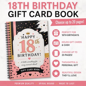May include: A spiral-bound 18th birthday gift card book with a black, pink, and gold color scheme. The cover features the text "HAPPY 18th BIRTHDAY! A little something for every moment ahead" and "GIFT CARD BOOK". The design includes polka dots, hearts, and a crown icon.