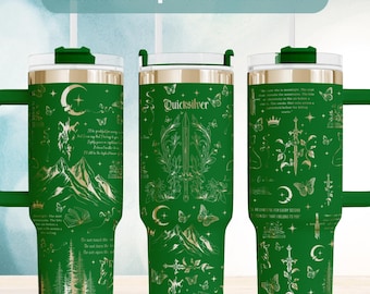 Quicksilver Tumbler Insulated Stainless Steel Cup Fantasy Book Themed Romantasy Butterfly Moon and Swords