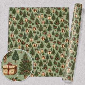 Carta da regalo verde, rotolo di carta da regalo natalizia, tema baita di montagna, motivo rustico del bosco, disegno di pini, foglio accogliente per confezioni invernali, uomo