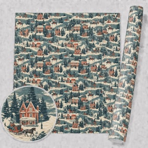 May include: Wrapping paper featuring a repeating winter scene with red brick houses, snow-covered pine trees, and horse-drawn carriages on a blue background. A circular inset shows a detailed view of a house and a horse-drawn carriage.