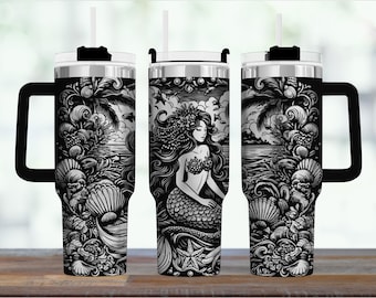 Gothic Mermaid Tumbler Stainless Steel Insulated Cup Handle Design Ocean Wave Fantasy Art Travel Drink Container Beach Theme
