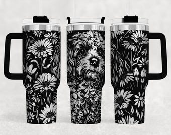 Goldendoodle Tumbler Cup Holder Travel Insulated Stainless Steel Mug Design Daisy Flower Pet Portrait Custom Gift Dog Mom Canine Lover