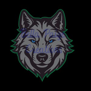 May include: A stylized wolf head illustration with gray fur, blue eyes, and a green outline, set against a black background. The image includes the text "Bella Paws Creations" in a cursive font.
