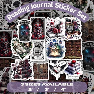 May include: A collection of die-cut stickers featuring dark fantasy and literary themes, including illustrations of stacked books, skulls, roses, bookshelves, and magical elements. Text includes "Tired Moms Book Club," "No one touches what's mine," and "I'll take my romance with a side of darkness."