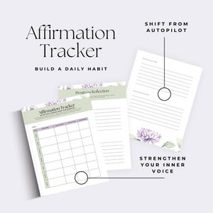 Puede incluir: Un rastreador de afirmaciones con el texto "Affirmation Tracker" y "Build a Daily Habit". Las páginas tienen un diseño floral y indicaciones para "Shift from Autopilot" y "Strengthen Your Inner Voice".