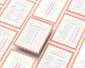 Modern Bridal Shower Party Games | Hens or Bachelorette | Retro Wavy Border | Pink & Orange | Pack of 8 | Instant Download