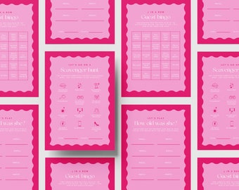 Modern Birthday Party Games | Retro Wavy Border | Pink & Red | 18th, 21st, 30th Celebration | Pack of 8 | Instant Download
