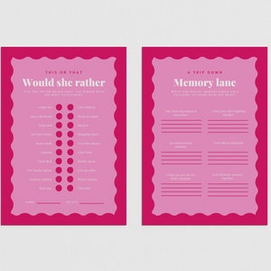 Moderne vrijgezellenfeestspellen | Kippen of vrijgezellenfeesten | Retro golvende rand | Roze en rood | Set van 8 | Direct downloaden