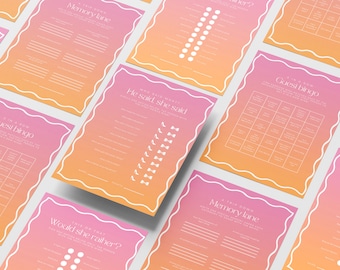 Modern Bridal Shower Party Games | Hens or Bachelorette | Retro Wavy Border | Pink & Orange Gradient | Pack of 8 | Instant Download