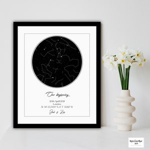 Pode incluir: Uma impressão de mapa de estrelas em preto e branco com o texto "Our beginning", "20th April 2021", "London", "51 30 35.5110 N, 0 7 51312 W" e "Josh & Zoe".
