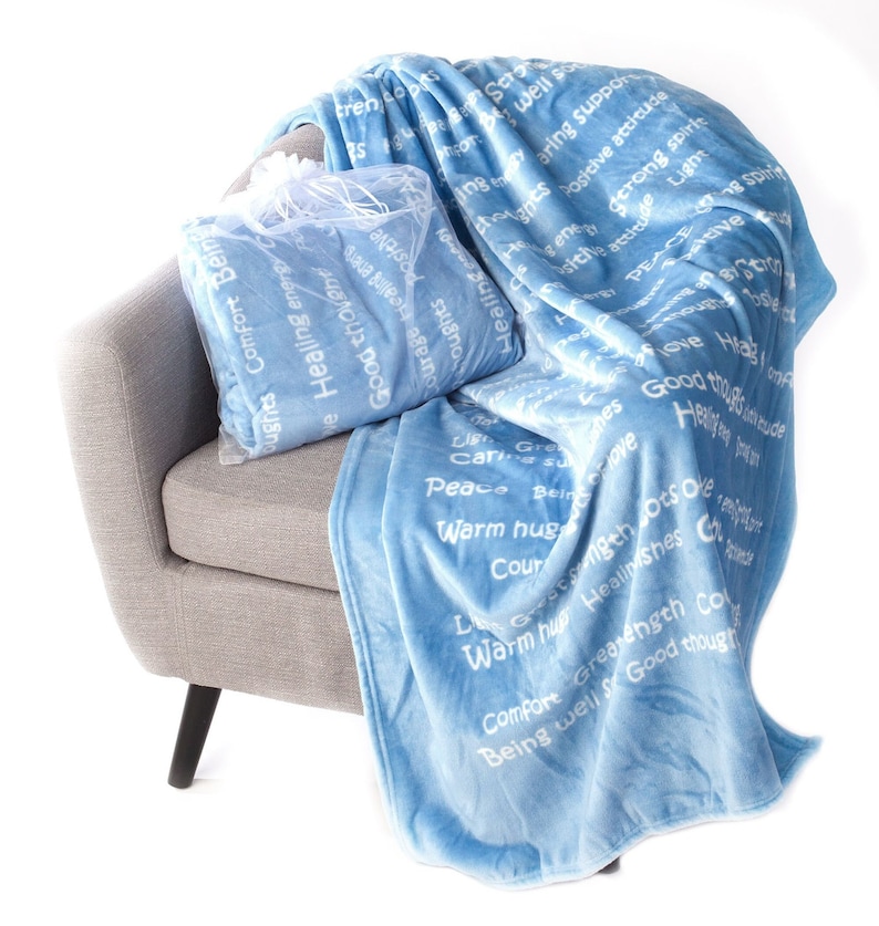 BlankieGram HEALING THOUGHTS Message Throw Blanket with Personalized Card (optional) - The Perfect Caring Gift - 5 colors Blue