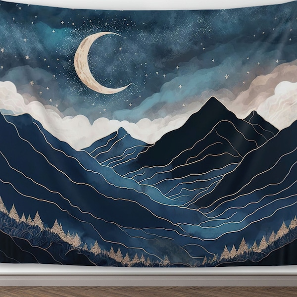 Boho Mountain Tapestry Nordic Wall Decor Abstract Starry Night with Moon Blue Nature Landscape Wall Hanging Tapestry