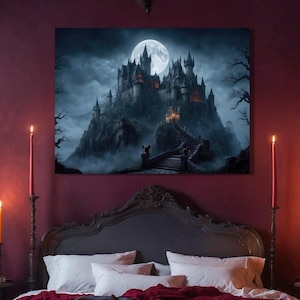 Dark Dracula Castle Gothic Art - Acryl, Leinwand, Poster - Mondlicht, Spuk, Vampir, Gothic Dekor, Gruselige Wandkunst, Halloween