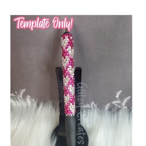 May include: A pink and white rhinestone pen with a black Sharpie S-Gel pen inside. The pen is on a black stand. The text "Template Only!" is at the top of the image. The text "Glitzy Creates" is on the right side of the image. The text "Picture Shows Finished Product Example" is at the bottom of the image. The text "Pen Used: Sharpie S-Gel" is at the bottom of the image.