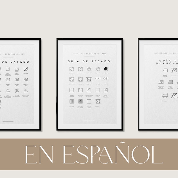Instrucciones de lavado, secado y planchado en Español para el cuidado de la ropa