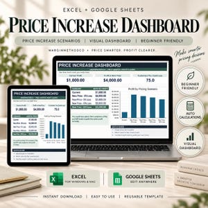 Könnte beinhalten: Eine digitale Preiserhöhungs-Dashboard-Vorlage für Excel und Google Sheets, angezeigt auf einem Laptop- und Tablet-Bildschirm. Die Benutzeroberfläche enthält Datentabellen, ein Balkendiagramm zur Gewinnanalyse und einen Kurzanleitungsbereich.