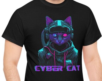 Camiseta de algodón pesado Cyber Cat, camiseta Cyber Punk, camiseta gráfica, camisas de amantes de los animales, regalos para los amantes de los animales, camisa de algodón, camisetas de algodón