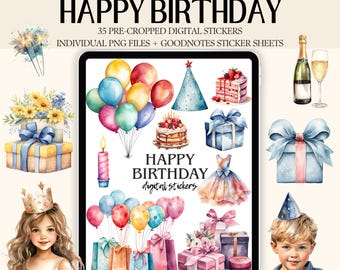 Pegatinas digitales de cumpleaños de acuarela, Planner Scrapbook PNG (compatible con GoodNotes y iPad)