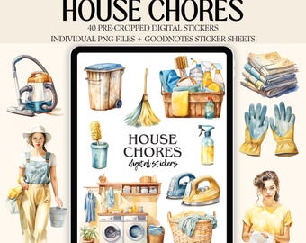 Pegatinas digitales de tareas del hogar con acuarela, planificador de limpieza (PNG, compatible con GoodNotes)