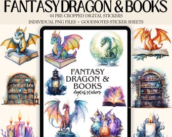 Pegatinas digitales de dragón y libros de fantasía, planificador PNG (44 archivos)