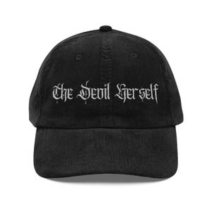The Devil Herself Vintage Embroidered Corduroy Cap | Devilish Black Hat