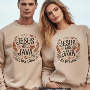 May include: Two tan sweatshirts with a brown graphic design that says "Jesus and Java All Day Long".