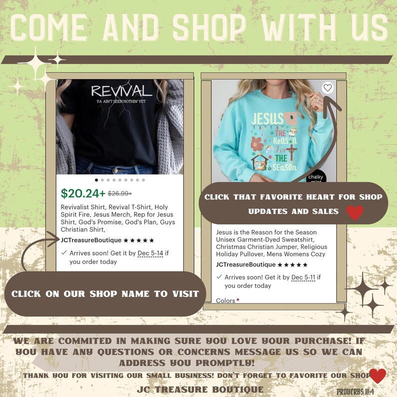May include: Two images of Christian-themed sweatshirts. The first image shows a teal sweatshirt with the text "Revival Ya Ain't Seen Nothin Yet". The second image shows a light blue sweatshirt with the text "Jesus is the Reason for the Season".