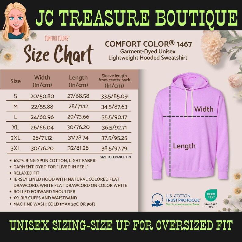 May include: Size chart for a unisex lightweight hooded sweatshirt in a light purple color. The chart shows the width, length, and sleeve length in inches and centimeters for sizes S through 3XL. The chart also includes details about the fabric and care instructions. The text "COMFORT COLOR&reg; 1467" is at the top of the chart.