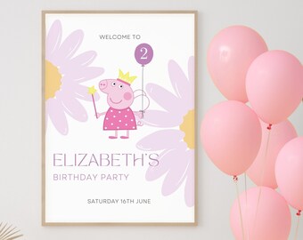 Editable Peppa Pig Birthday Welcome Sign Template Printable Colourful Peppa Pig Purple Flowers Welcome Poster Party Welcome Sign Party Decor