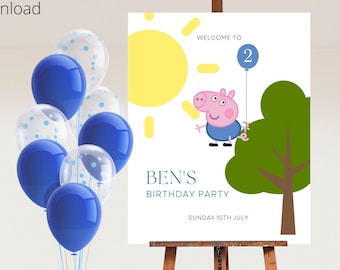 Editable George Pig Birthday Welcome Sign Template Printable George Peppa Pig Yellow Sun Welcome Poster Party Welcome Sign Blue Party Decor