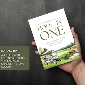 Printable Golf First Birthday Invitation, Hole-in-One Party, Digital Hole in One Invitation, Boy 1st Birthday Golf Editable Invite