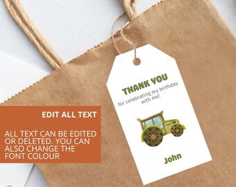 Op de afbeelding: Een wit bedankkaartje met een groene tractorillustratie. De tekst op het kaartje luidt "Bedankt voor het vieren van mijn verjaardag met me!" en "John".