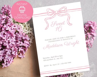 Editable Sweet 16 Invitation Pink Coquette Bow, Aesthetic Birthday Party Invite Template, Instant Download, Girl's 16th Birthday Evite, DIY