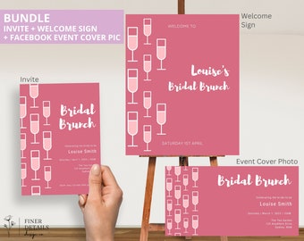 Bundle Editable Brunch & Bubbly Bridal Shower Invitation Welcome Sign Pink Invitation Printable Bachelorette Welcome Poster Hens Party decor