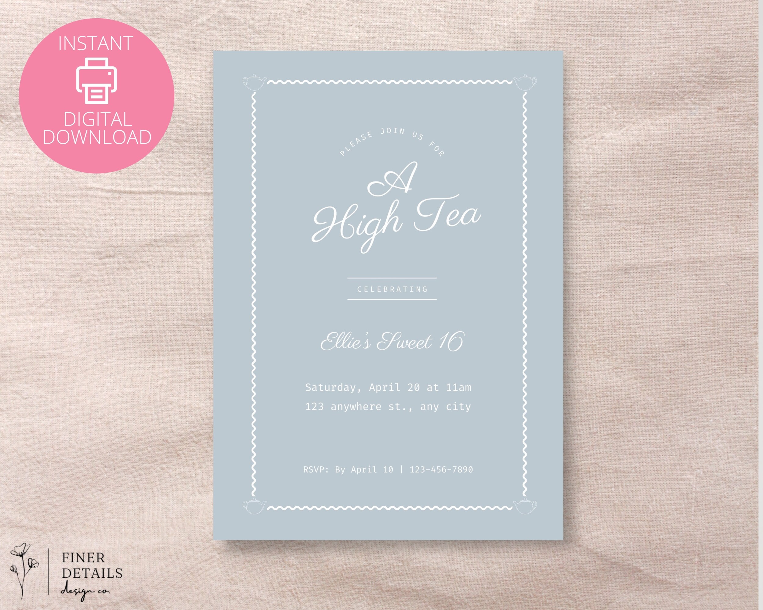 Editable Tea Party Birthday Invitation, Dusty Blue High Tea Invite ...