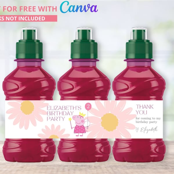 Editable Peppa Pig Printable Fruit Shoot Bottle Label Wrap Juice & Water Label Birthday Party Label