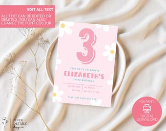 Pink Floral Birthday Invitation Template, Editable (Digital Download)
