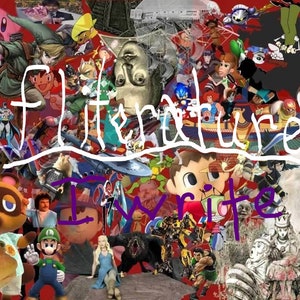 Puede incluir: Un collage colorido de imágenes con personajes populares de videojuegos, incluyendo Mario, Link, Sonic the Hedgehog y personajes de Animal Crossing. Las palabras "Filterature" y "Rewrite" están escritas en blanco y morado sobre la imagen.