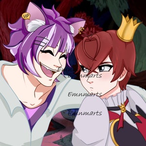 Può includere: Due personaggi anime, uno con i capelli viola e le orecchie da gatto, l'altro con i capelli rossi e una corona d'oro, sorridono e si guardano. Il personaggio con i capelli viola indossa una camicia bianca con un colletto viola e il personaggio con i capelli rossi indossa una camicia bianca con un colletto rosso e un ciondolo a forma di cuore dorato.