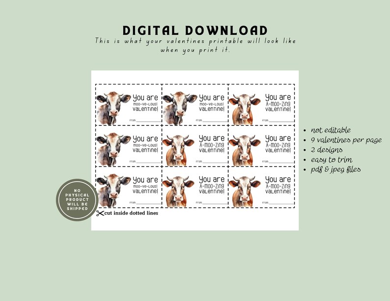 Cow Valentine Cards – Kids Farm Classroom Printable - Digital Download ...