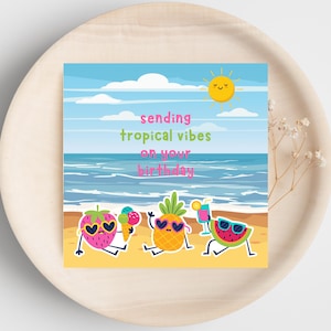 Sending Tropical Vibes Birthday Card – Printable Summer Fruit Design – Pineapple, Watermelon & Strawberry – Digital Download