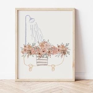 Blush Floral Clawfoot Tub Art – Neutral Bathroom Wall Decor – Instant Digital Download