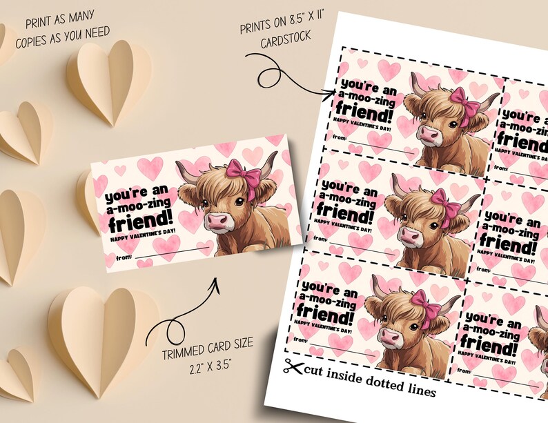 Highland Cow Valentine Cards for Kids - Farm Animal Classroom Printable ...