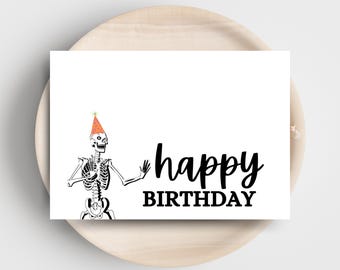 不気味でかわいい骸骨の誕生日カード - ハロウィンパーティー用（デジタルダウンロード）