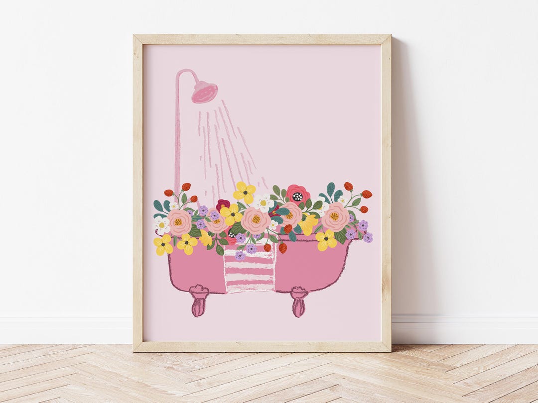 Floral Bathroom Wall Art – Pink Clawfoot Tub Botanical Printable ...