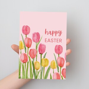 Carte de joyeuses Pâques rose vif avec tulipes - imprimable - téléchargement numérique