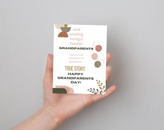 May include: A card with an abstract design in shades of brown, pink, and green. The text reads "most amazing loving & fantastic GRANDPARENTS That ever lived in the history of grandparents TRUE STORY. HAPPY GRANDPARENTS DAY!"