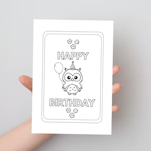 Cartão de aniversário divertido de coruja faça você mesmo – Pinte você mesmo – Download digital para impressão