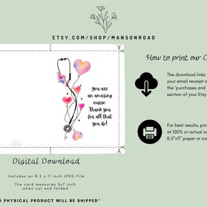 Nurse Appreciation Card - Printable Thank You Note - Digital Download ...